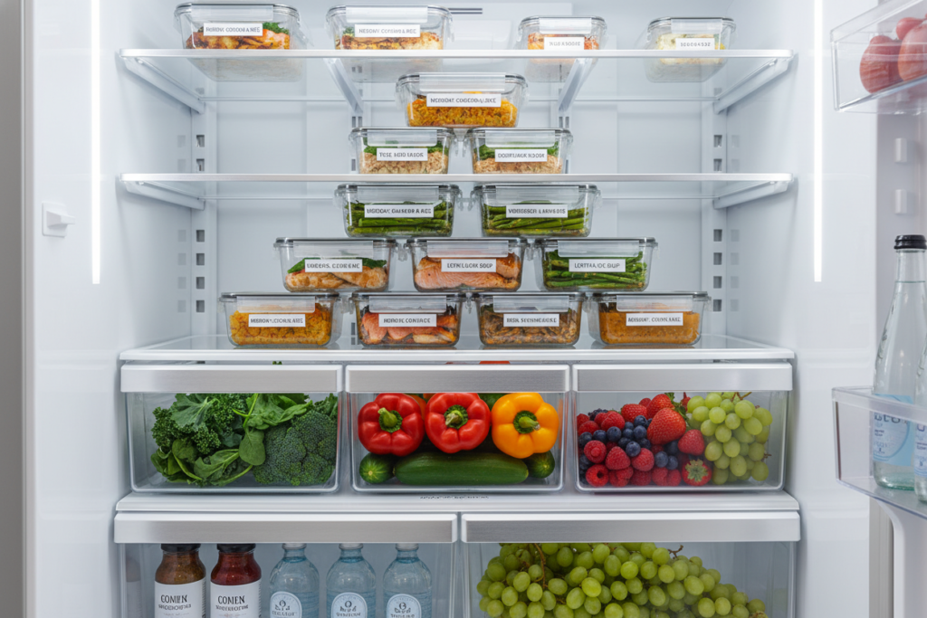 organized refrigerator with labeled meal prep containers