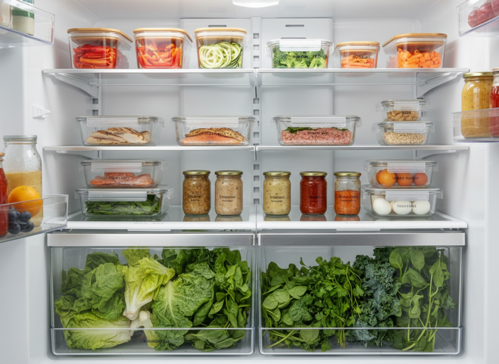organized refrigerator with prepped ingredients organized refrigerator with prepped ingredients