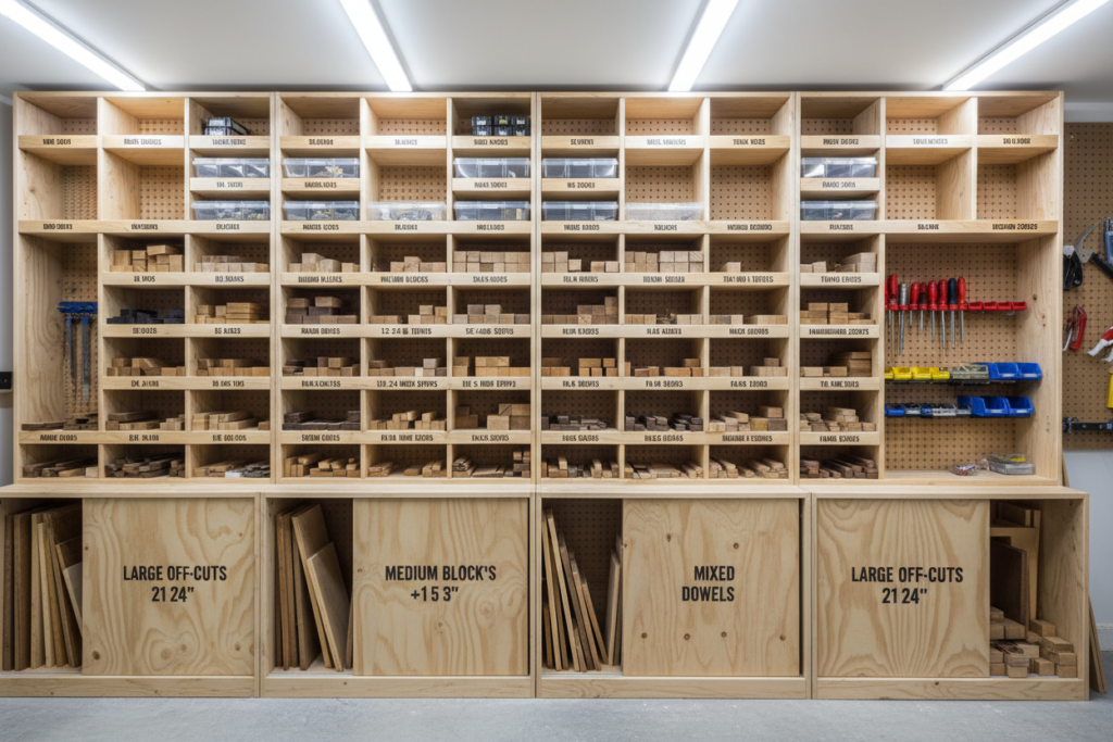 organized workshop with wood sorted by size categories on shelves organized workshop with wood sorted by size categories on shelves