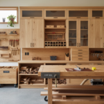 organized workshop with wooden storage projects including lumber cart and tool rack