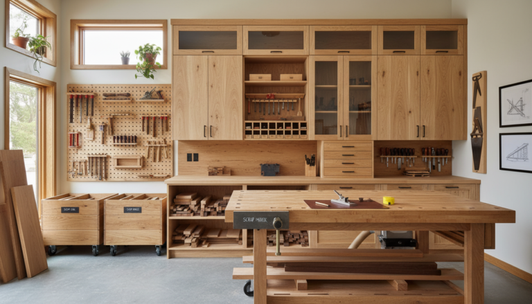 organized workshop with wooden storage projects including lumber cart and tool rack