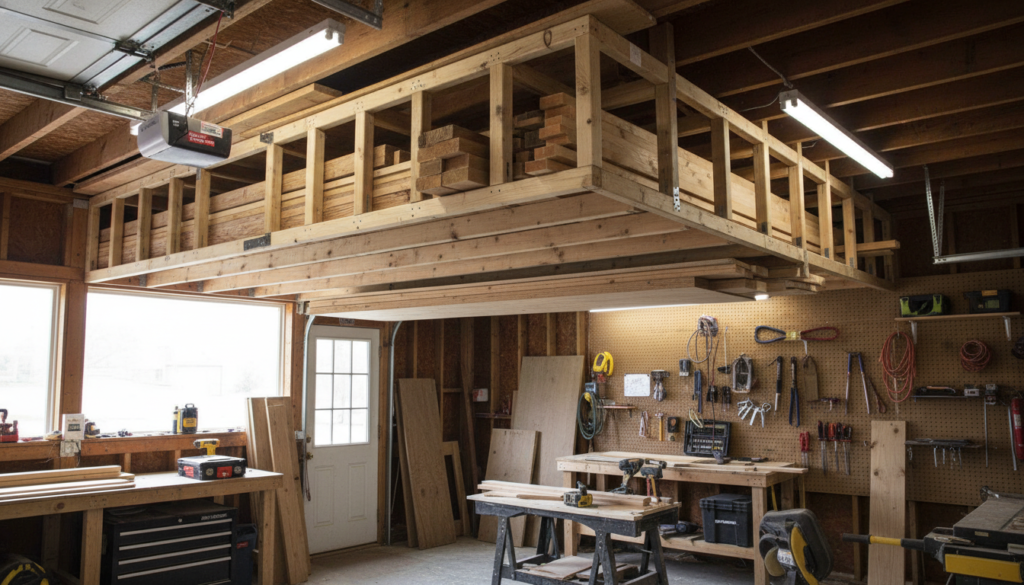 overhead ceiling mounted lumber storage rack in workshop overhead ceiling mounted lumber storage rack in workshop