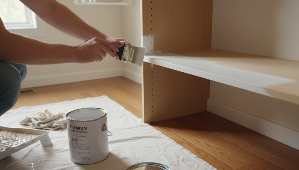 painting wooden closet shelves with white paint and brush