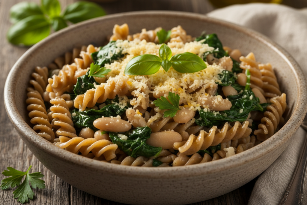 pasta dish with white beans, spinach and garlic in a rustic bowl pasta dish with white beans, spinach and garlic in a rustic bowl