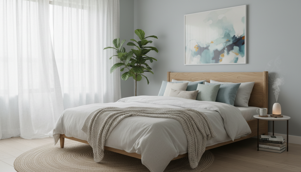 peaceful bedroom scene representing quality sleep environment for gut health