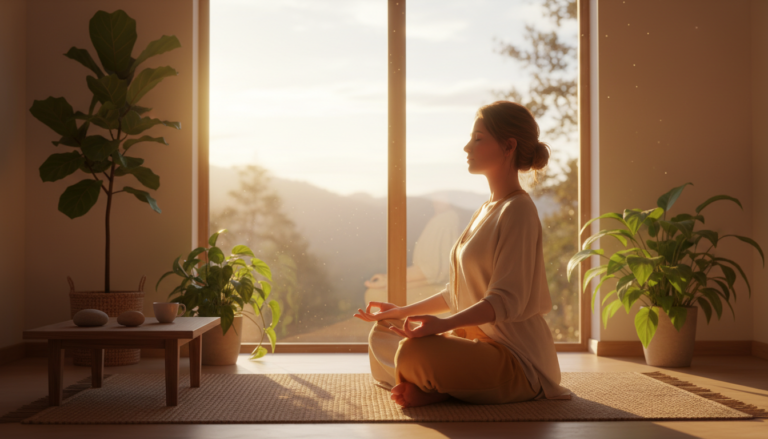 peaceful morning sunrise with person meditating for mental clarity routine