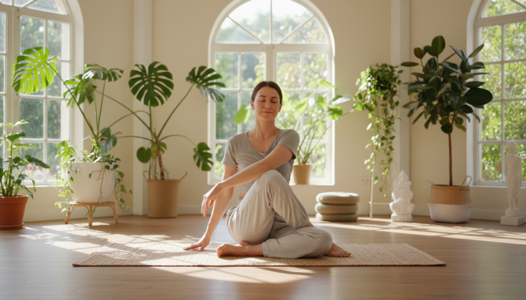 peaceful yoga practice showing stress management techniques