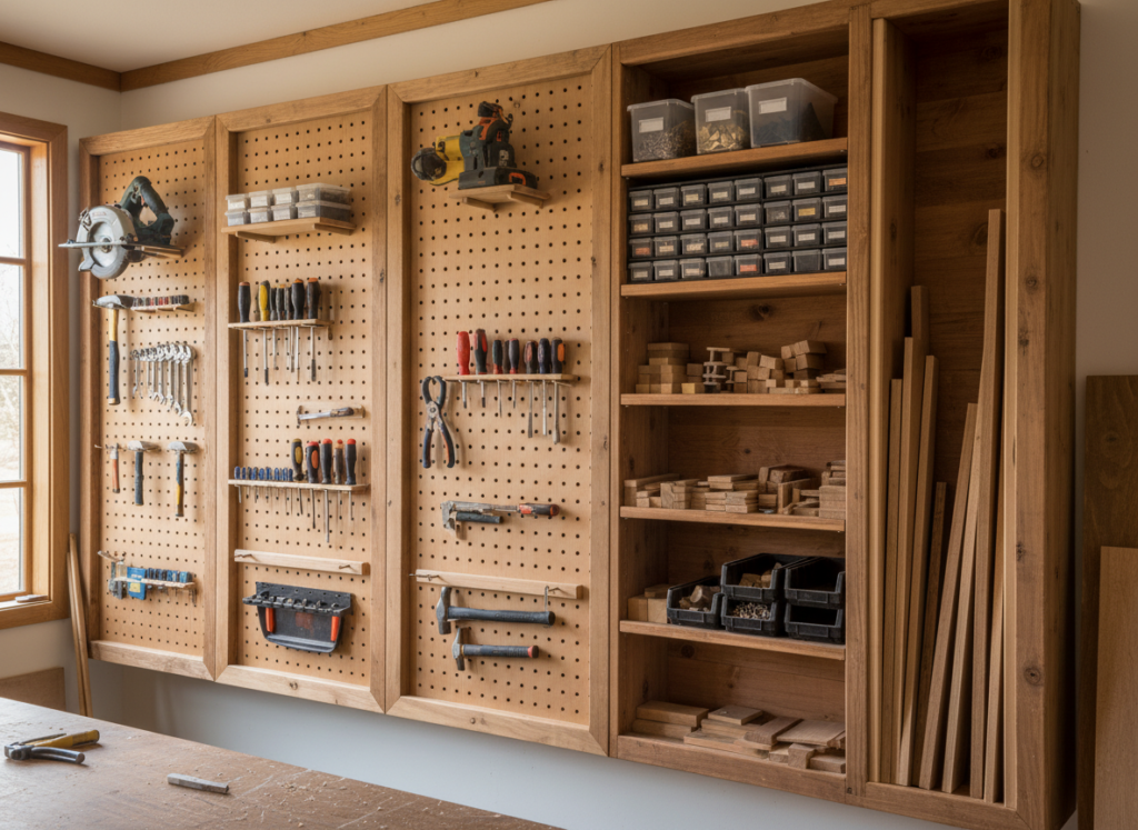 pegboard wall with integrated wood storage shelves in workshop pegboard wall with integrated wood storage shelves in workshop