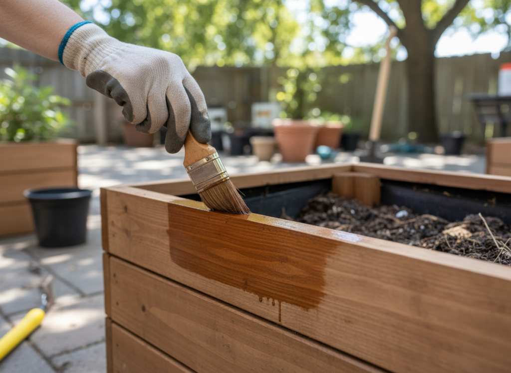 person applying wood stain to planter box with brush for maintenance