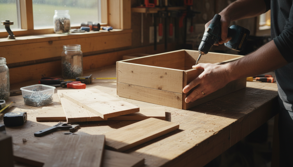 person assembling wooden planter box pieces in workshop with tools