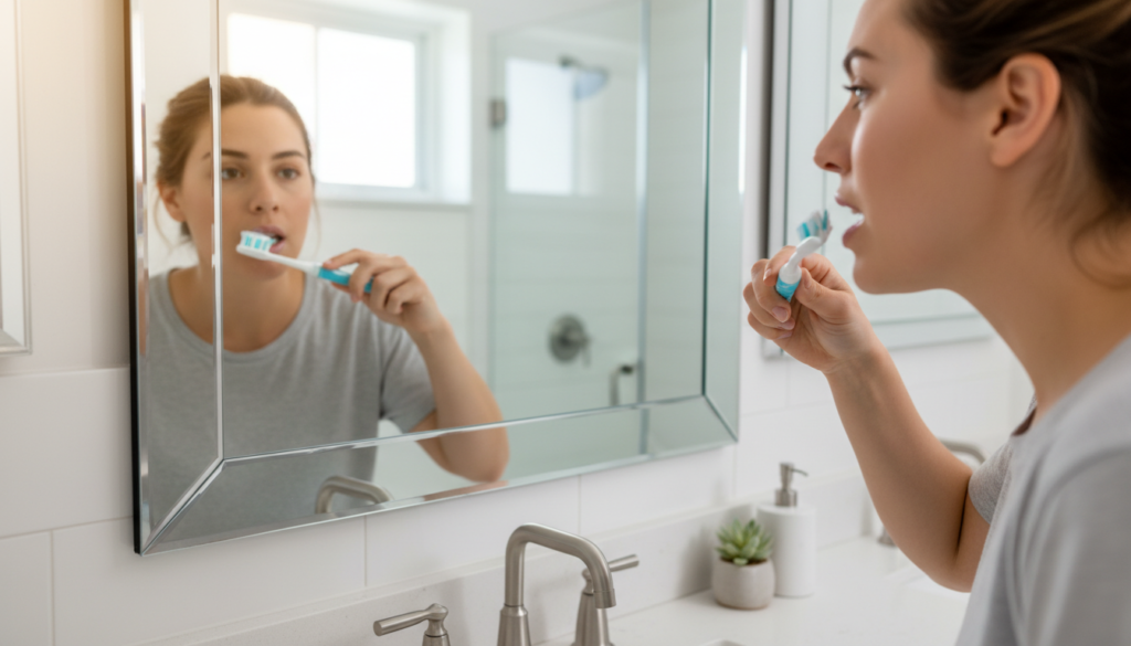 person brushing teeth in morning demonstrating proper oral hygiene technique