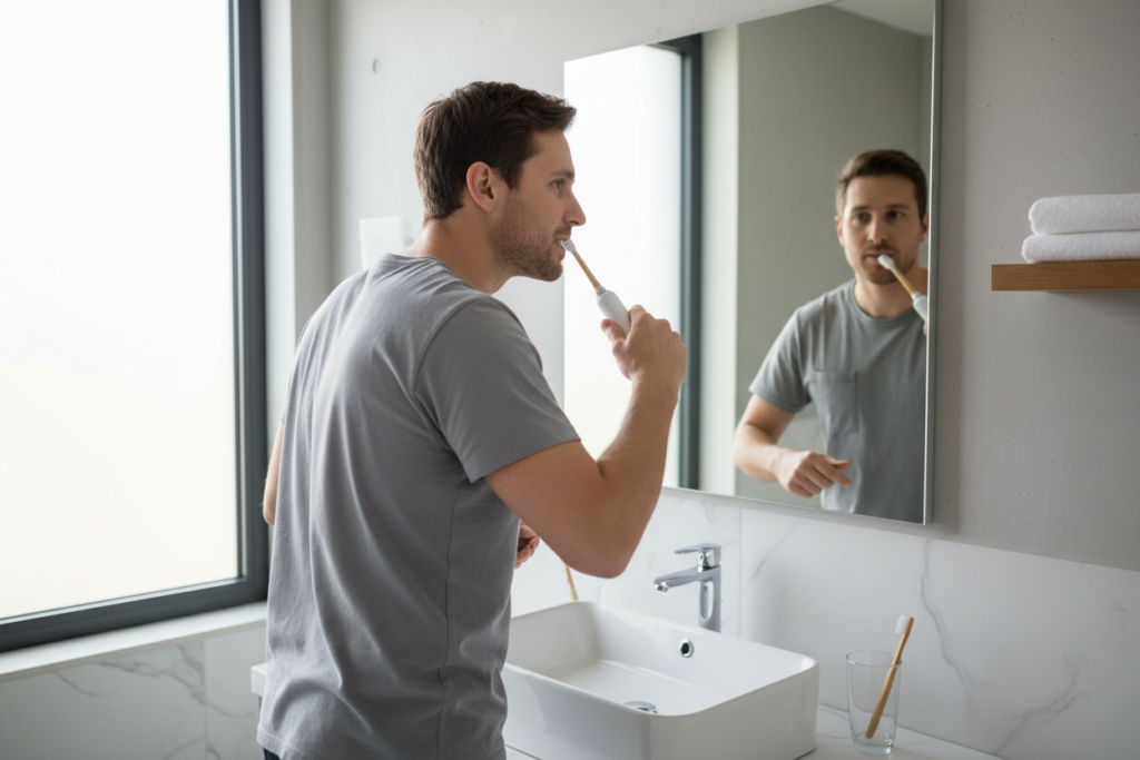 person brushing teeth showing good oral hygiene routine