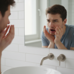 person checking breath freshness in mirror looking concerned about halitosis