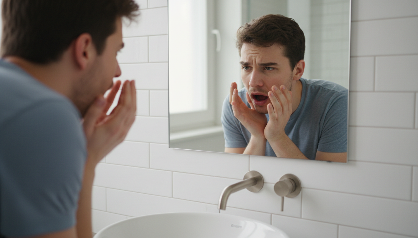 person checking breath freshness in mirror looking concerned about halitosis