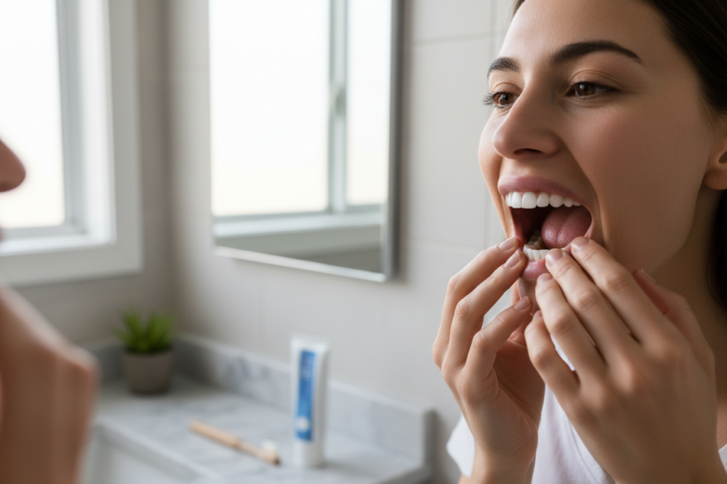 person checking teeth and gums in mirror for oral health monitoring