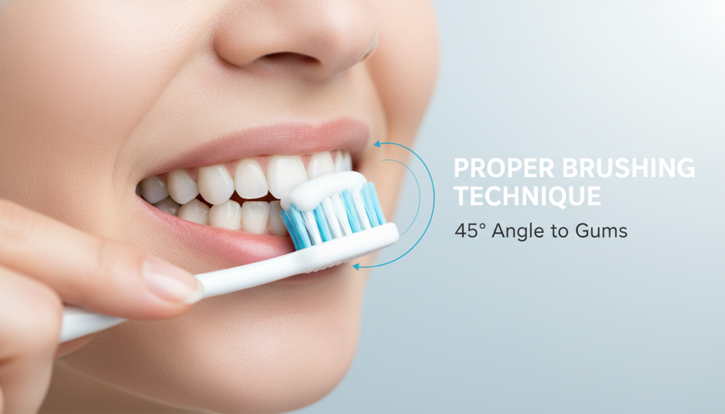 person demonstrating proper tooth brushing technique with soft brush