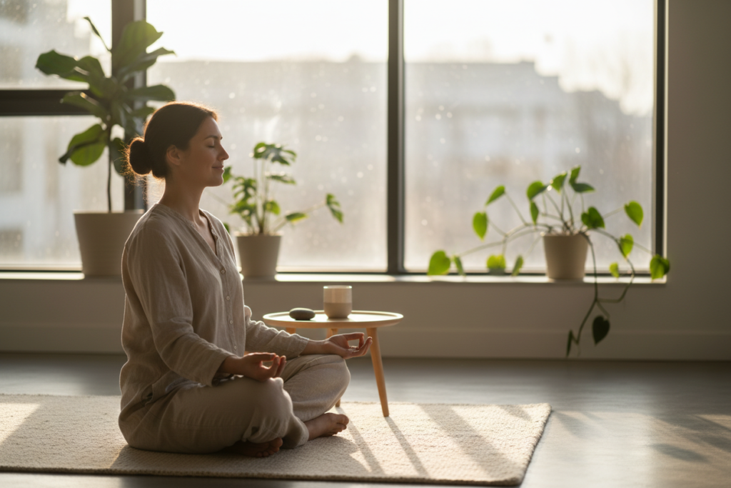person doing morning meditation and mindfulness for brain health person doing morning meditation and mindfulness for brain health
