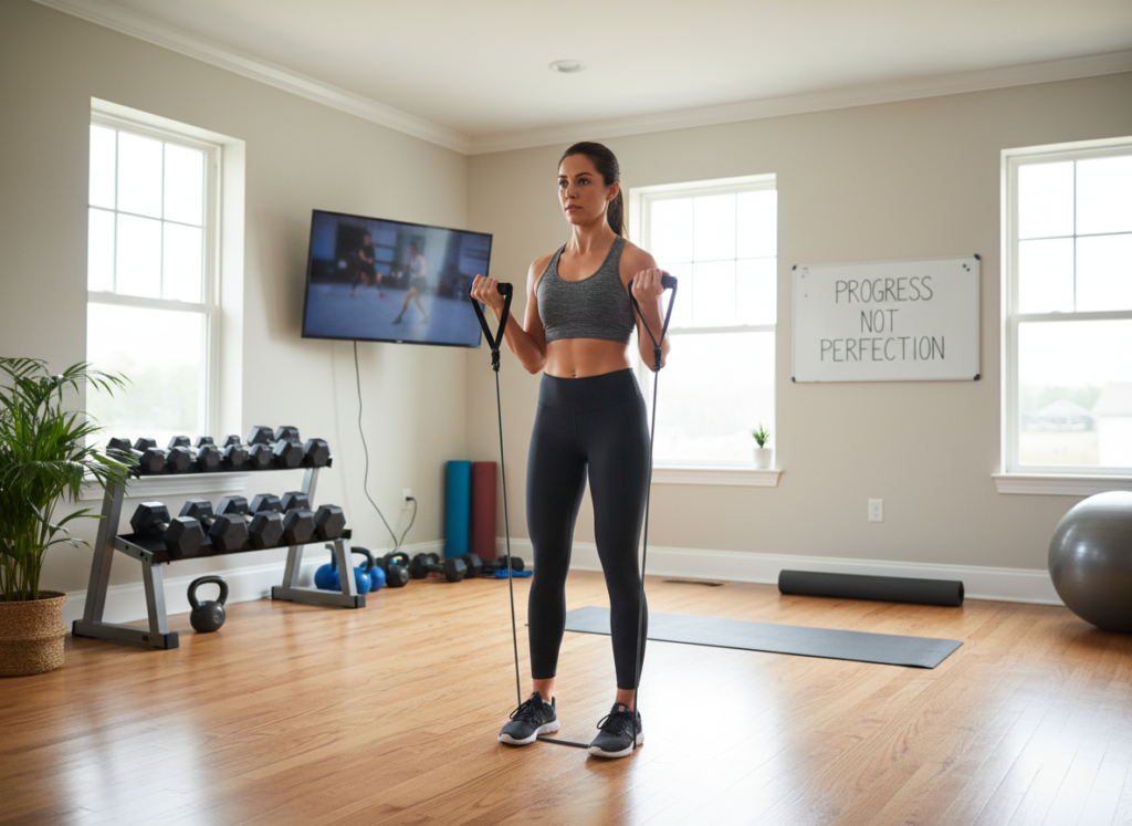 person doing strength training exercises with resistance bands at home