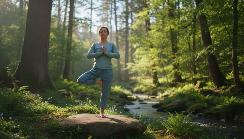 person doing yoga and meditation outdoors representing stress reduction for gut health
