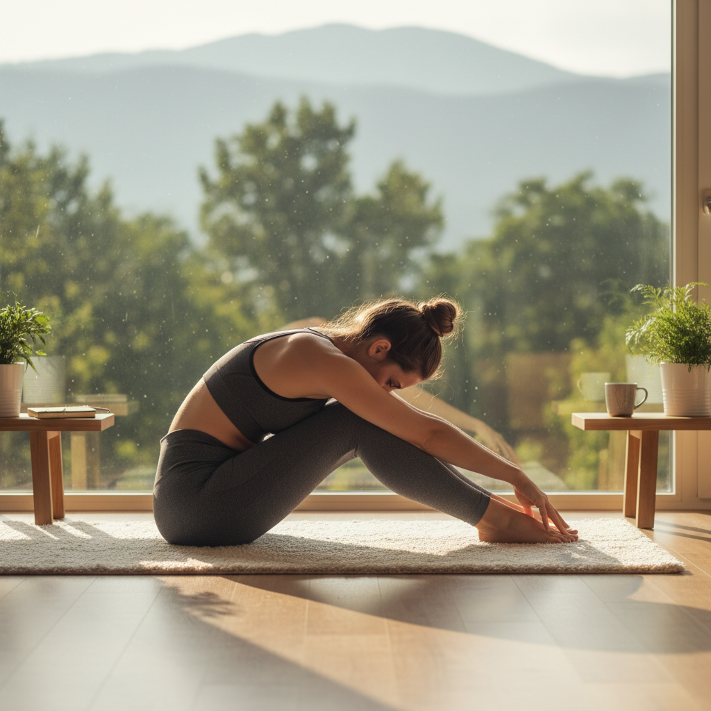 person doing yoga or stretching in morning sunlight for stress relief