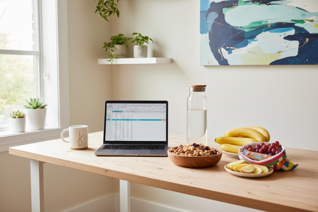 person drinking coffee and eating healthy snacks to maintain energy levels