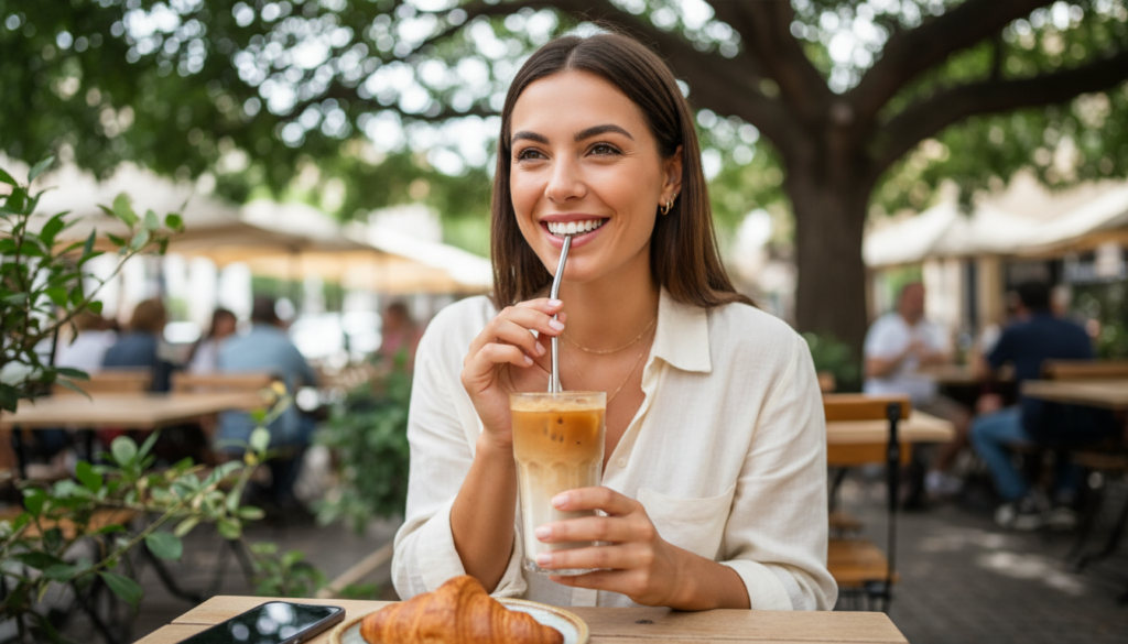 person drinking coffee through straw to prevent tooth staining