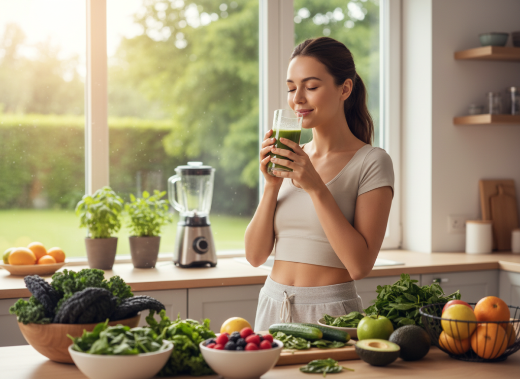 person drinking fresh green juice in healthy kitchen environment with produce person drinking fresh green juice in healthy kitchen environment with produce