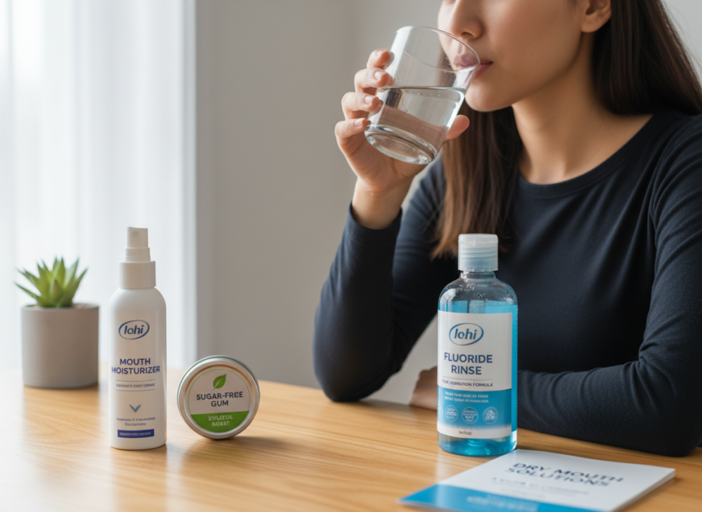 person drinking water and using products to manage dry mouth
