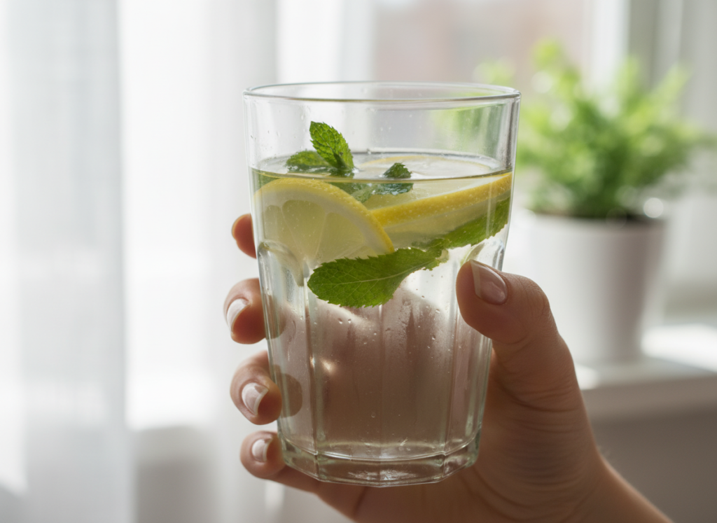 person drinking water from glass with fresh fruit infusion