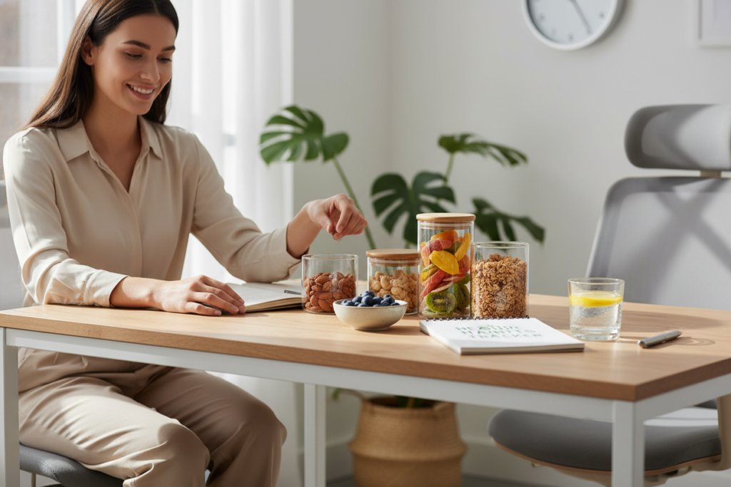 person eating healthy snacks while working at desk