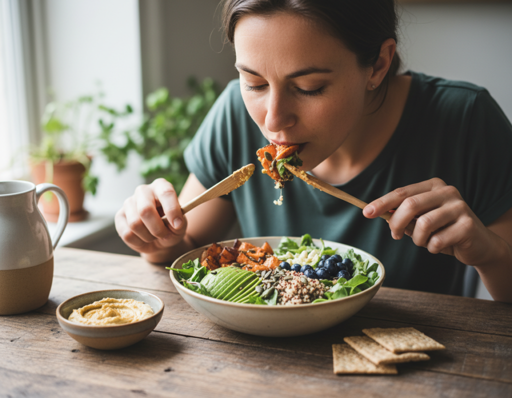 person eating meal mindfully without distractions person eating meal mindfully without distractions