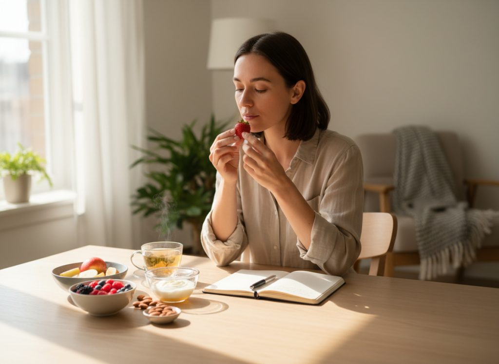 person eating mindfully at a table
