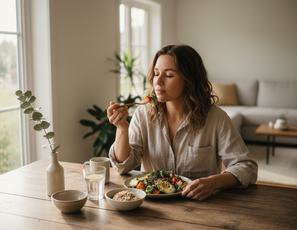 person eating mindfully at table with healthy meal