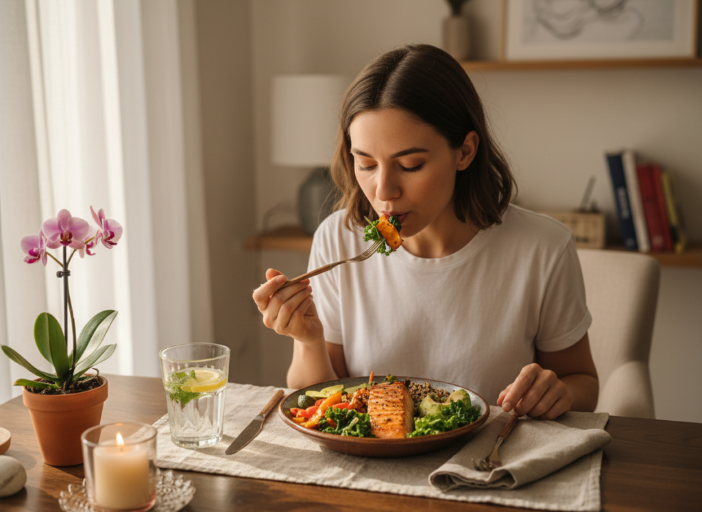 person eating slowly and mindfully at table without distractions