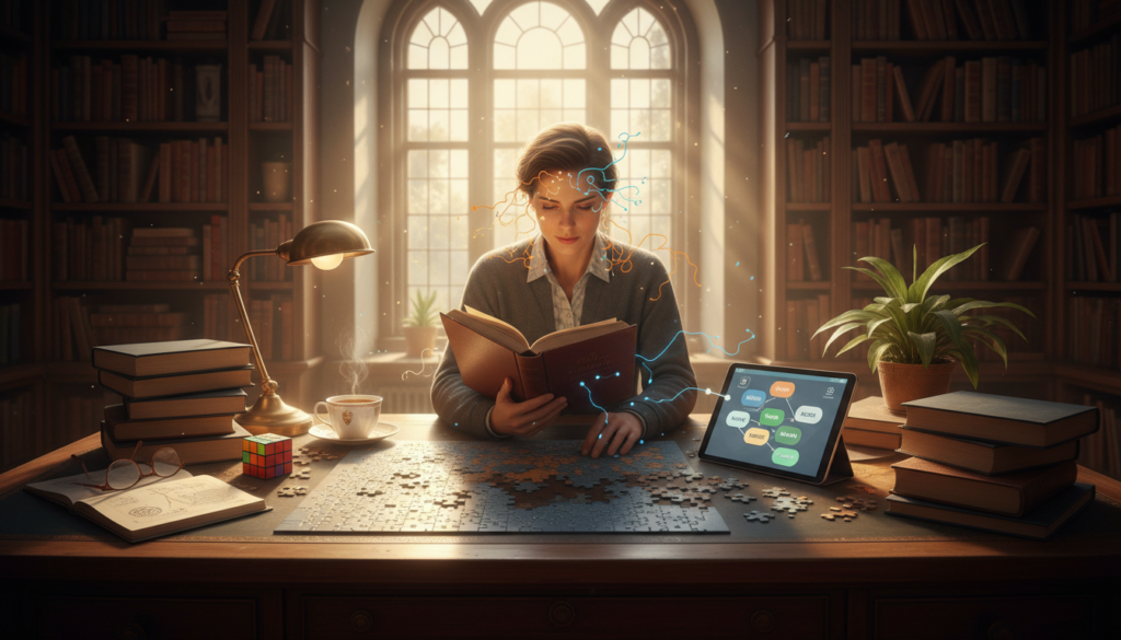 person engaged in mentally stimulating activities like reading and puzzles