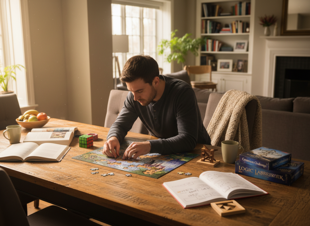person engaging in cognitive activities like puzzles and learning person engaging in cognitive activities like puzzles and learning