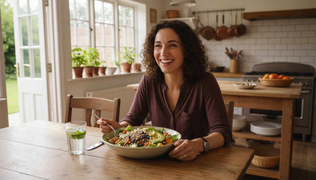 person enjoying a gut-healthy meal with satisfaction