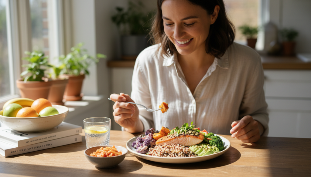 person enjoying a healthy gut-friendly meal looking satisfied and energetic person enjoying a healthy gut-friendly meal looking satisfied and energetic