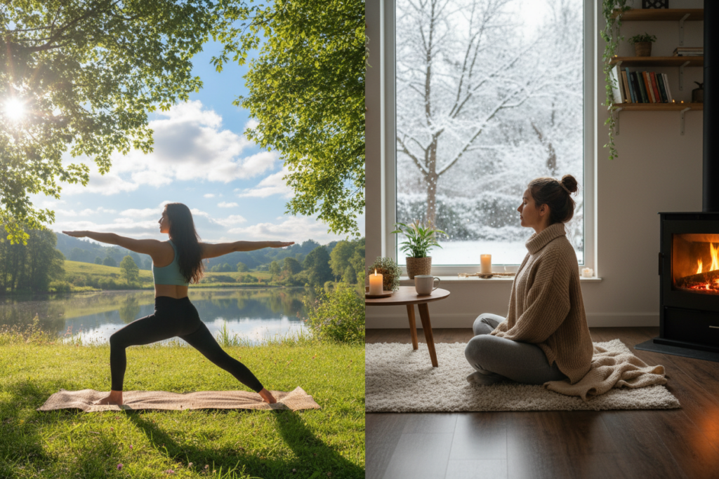 person enjoying varied morning routine activities throughout different seasons