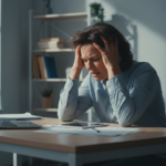 person experiencing brain fog symptoms while working at desk with confused expression