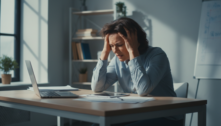 person experiencing brain fog symptoms while working at desk with confused expression