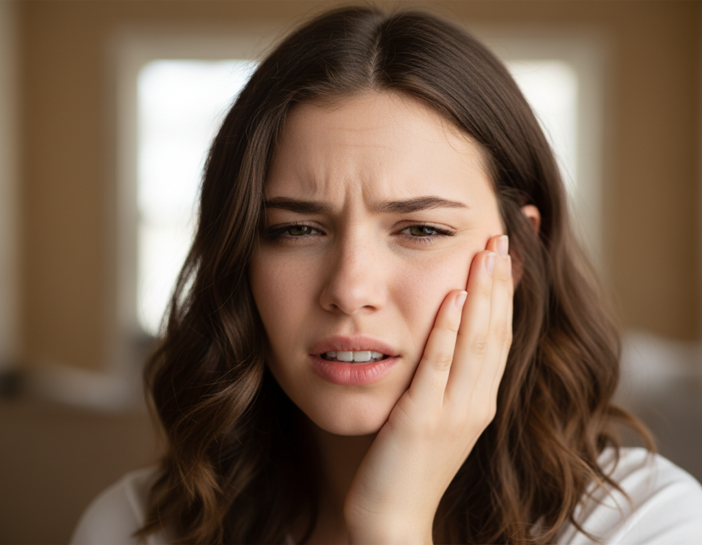 person experiencing tooth sensitivity holding cheek