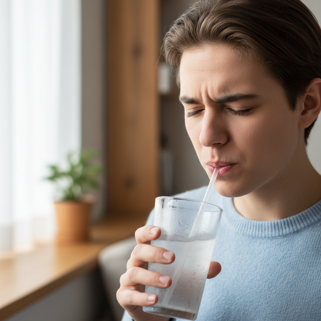 person experiencing tooth sensitivity while drinking cold beverage
