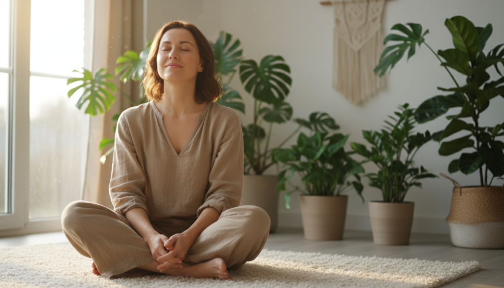 person feeling calm and happy after morning routine showing mental well-being