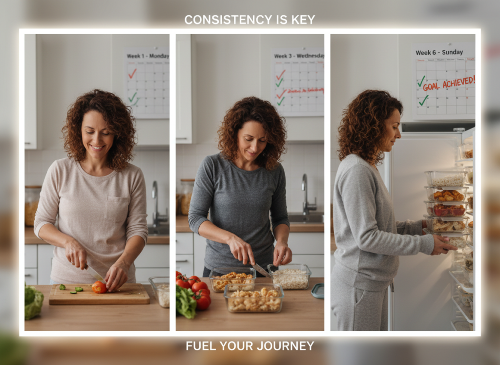 person following consistent meal prep routine over time