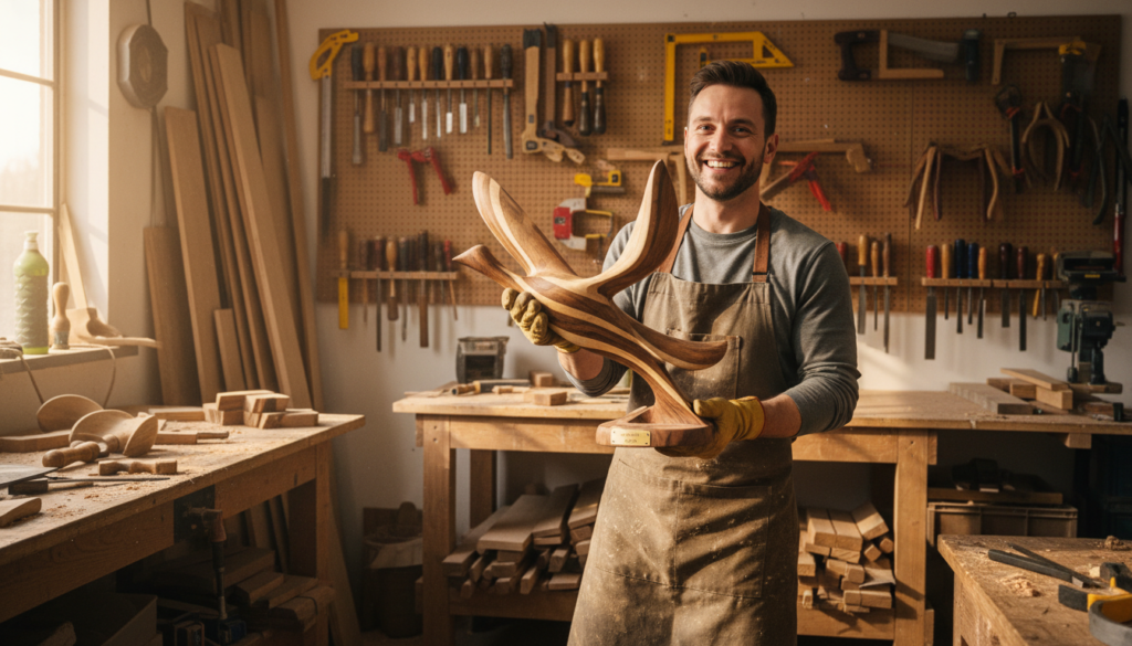 person in workshop proudly holding completed wood craft project