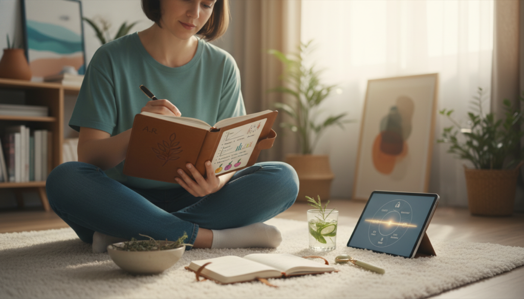 person listening to body signals and tracking individual health responses