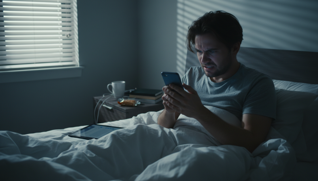 person looking frustrated at phone in bed representing common morning mistakes