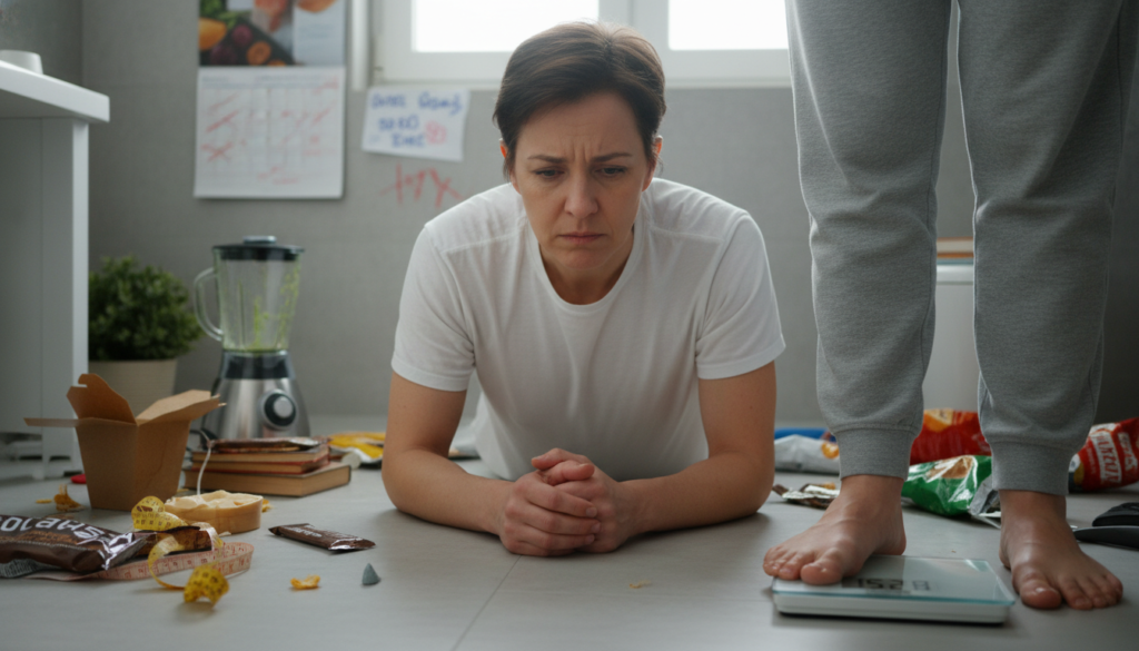 person looking frustrated at scale representing diet struggles