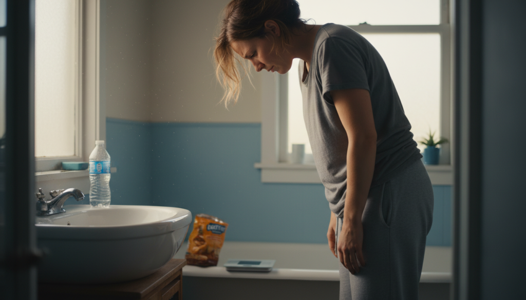 person looking frustrated at scale showing weight loss plateau